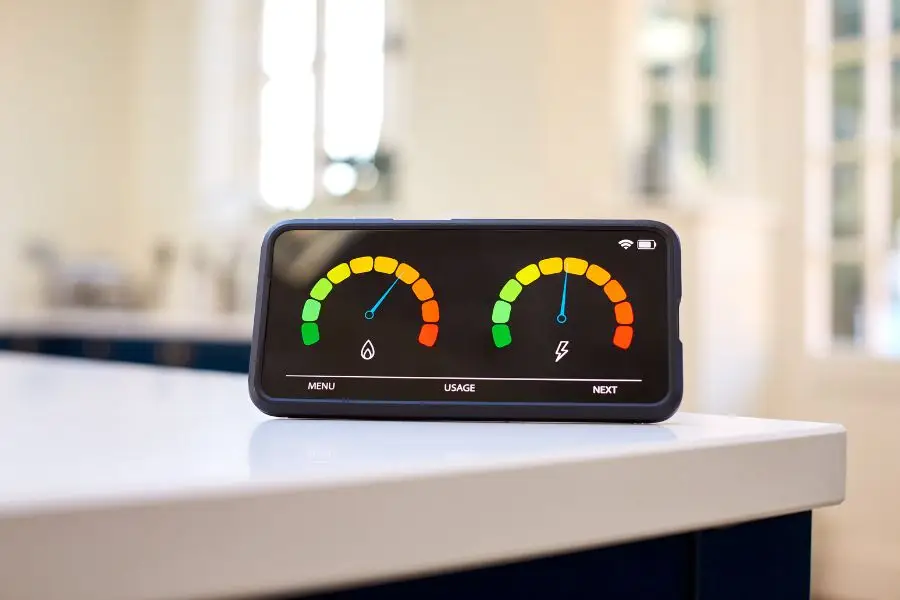 Digital smart meter displaying real-time gas and electricity usage in a home with MCS-certified technologies.