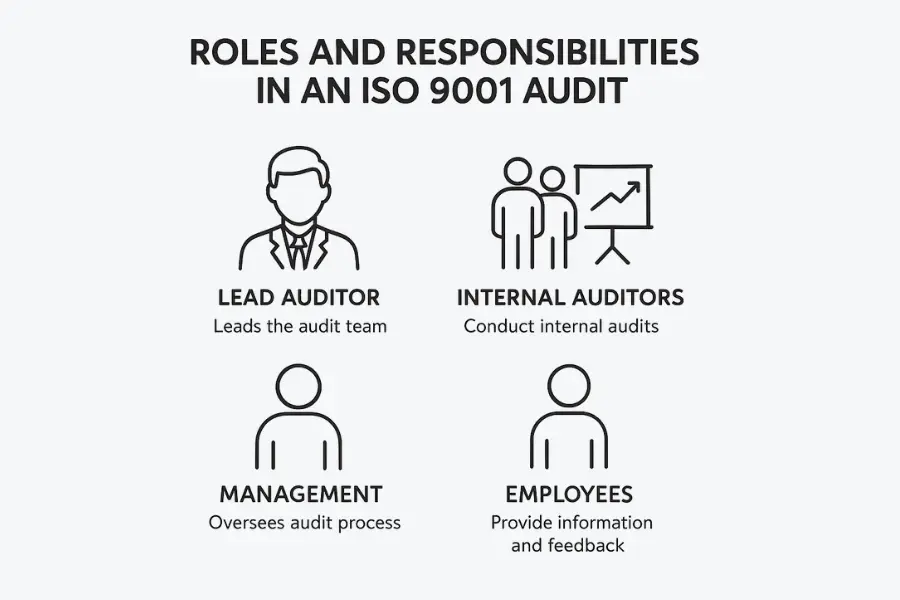 Infographic showing ISO 9001 audit roles and responsibilities including lead auditor, internal auditors, management, and employees.
