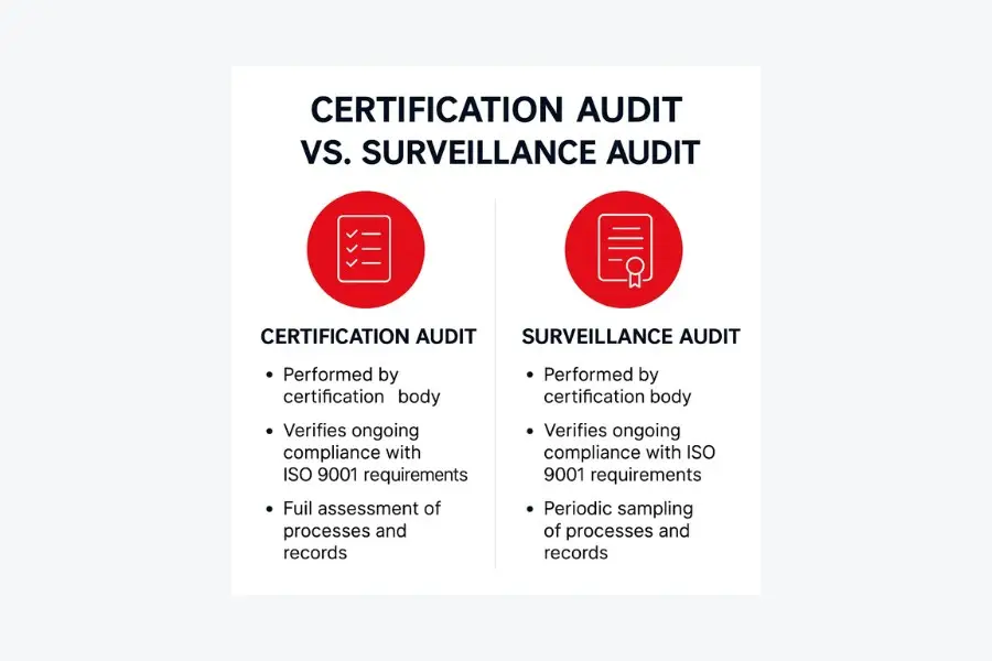 Infographic comparing ISO 9001 certification audit and surveillance audit processes.