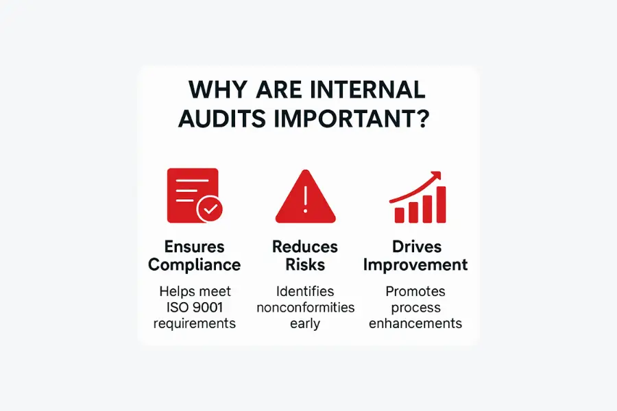 Infographic showing the importance of ISO 9001 internal audits – compliance, risk reduction, and improvement