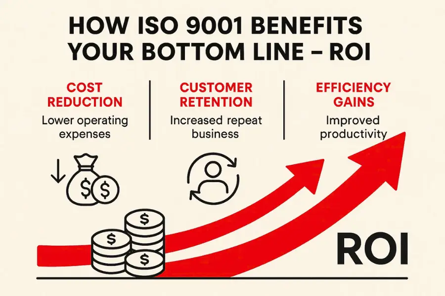 Infographic showing how ISO 9001 certification boosts ROI through cost reduction, customer retention, and efficiency gains.