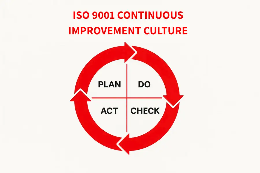 Red PDCA cycle diagram illustrating ISO 9001 continuous improvement culture with stages: Plan, Do, Check, Act.