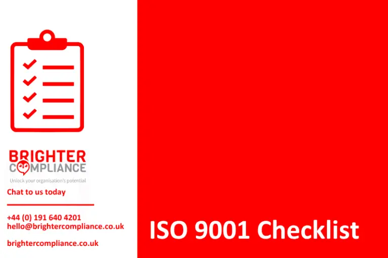 ISO 9001 checklist feature image by Brighter Compliance with contact details and quality management branding.