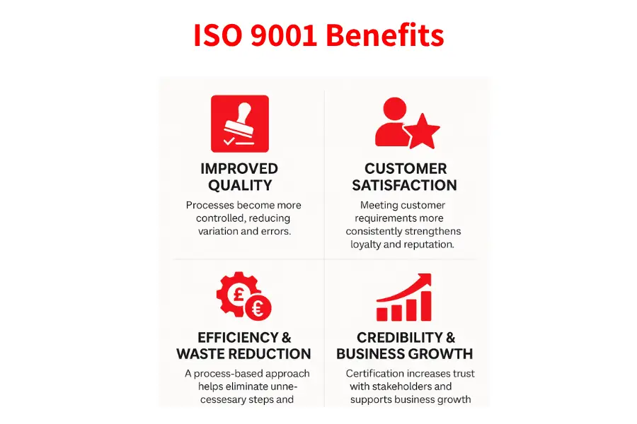 Infographic titled “ISO 9001 Benefits” with four panels showing Improved Quality, Customer Satisfaction, Efficiency & Waste Reduction, and Credibility & Business Growth, each with a red icon and brief description.