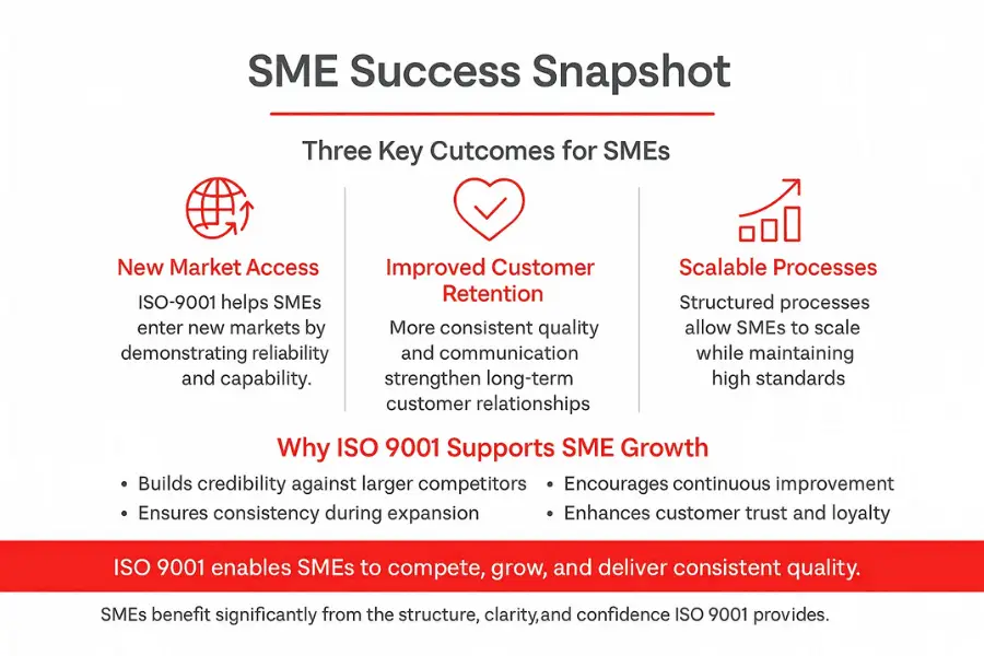 Infographic outlining key ISO 9001 benefits for SMEs, including new market access, improved customer retention and scalable processes, with additional reasons why the standard supports SME growth.