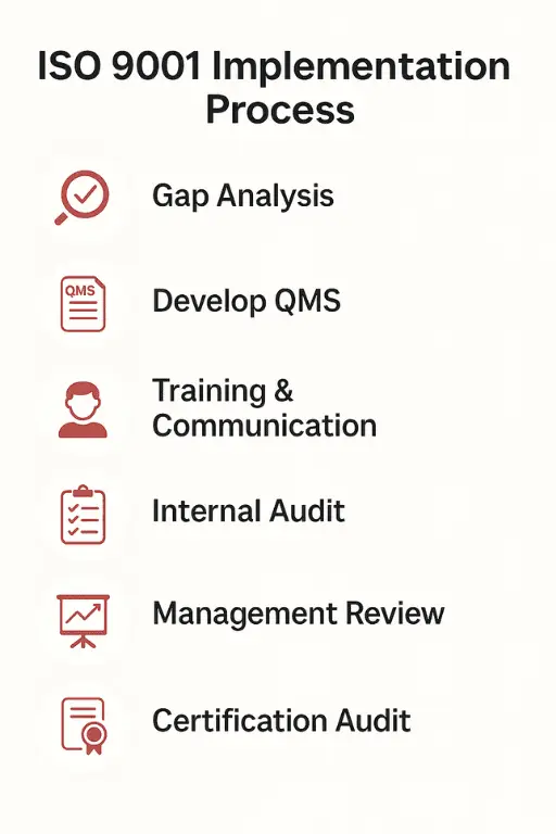 Infographic titled “ISO 9001 Implementation Process” listing six steps with red icons: Gap Analysis, Develop QMS, Training & Communication, Internal Audit, Management Review, and Certification Audit.