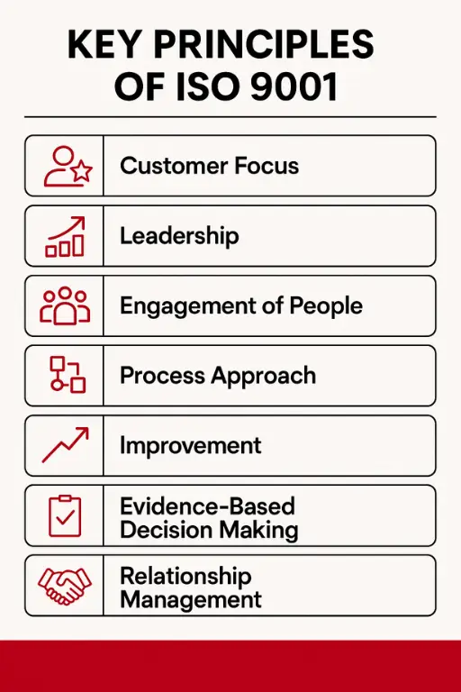 Infographic titled “Key Principles of ISO 9001” showing seven principles with red icons: Customer Focus, Leadership, Engagement of People, Process Approach, Improvement, Evidence-Based Decision Making, and Relationship Management.