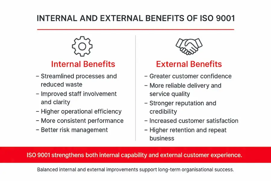 Infographic showing the internal and external benefits of ISO 9001, including streamlined processes, improved efficiency, stronger customer confidence and higher retention.