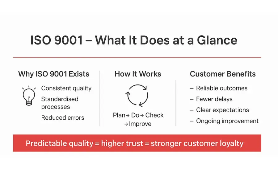 Infographic summarising why ISO 9001 exists, how it works and the key customer benefits, including reliable outcomes, fewer delays and clearer expectations.