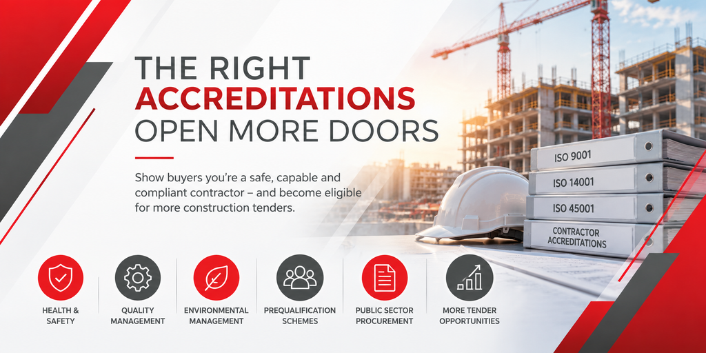 UK Construction Company Certifications – Get Tender Ready UK construction company certifications – Build Tender Ready banner featuring a construction hard hat, building site and architectural plans.