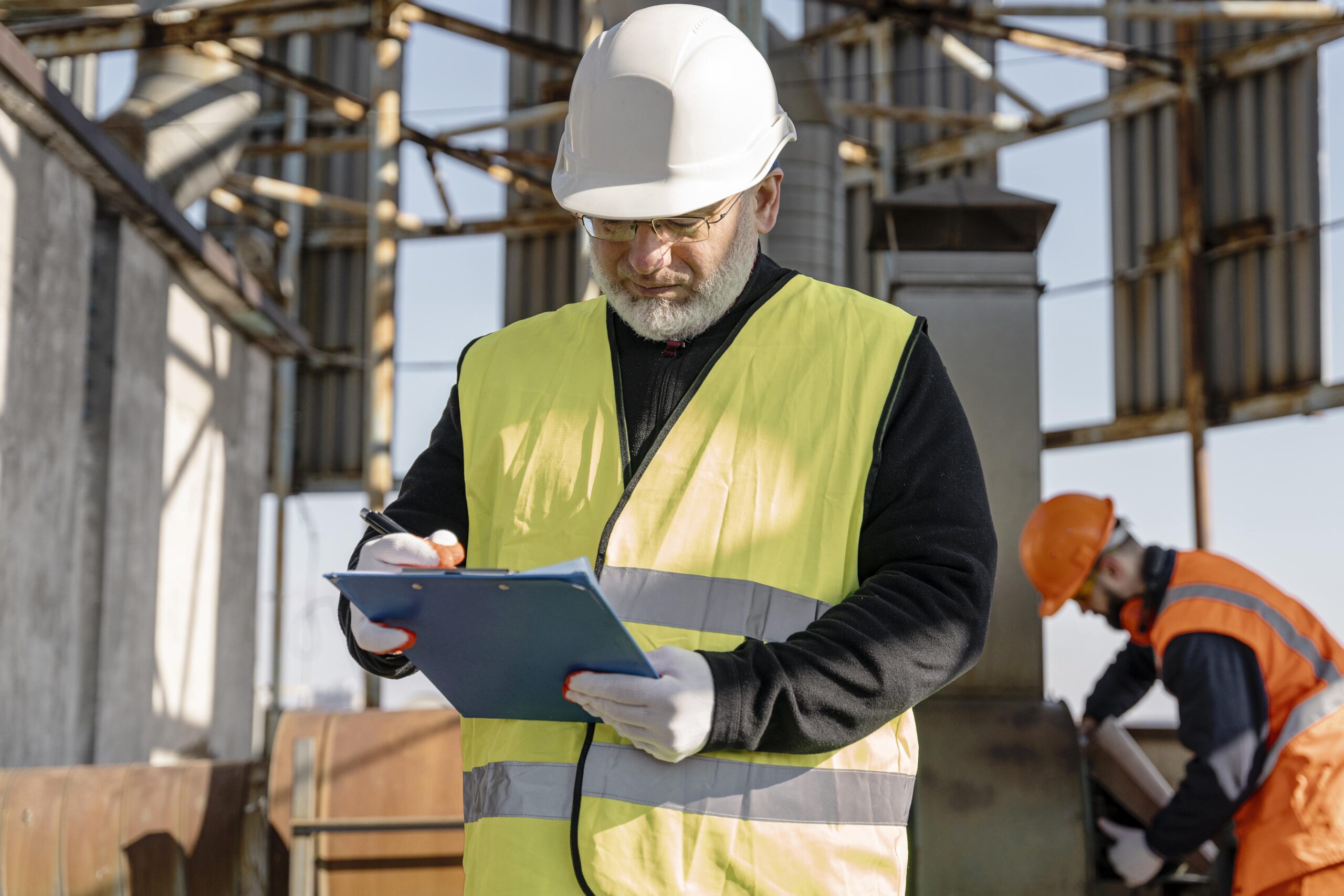 Construction site manager reviewing plans on a UK building site, representing construction company certifications and tender requirements.